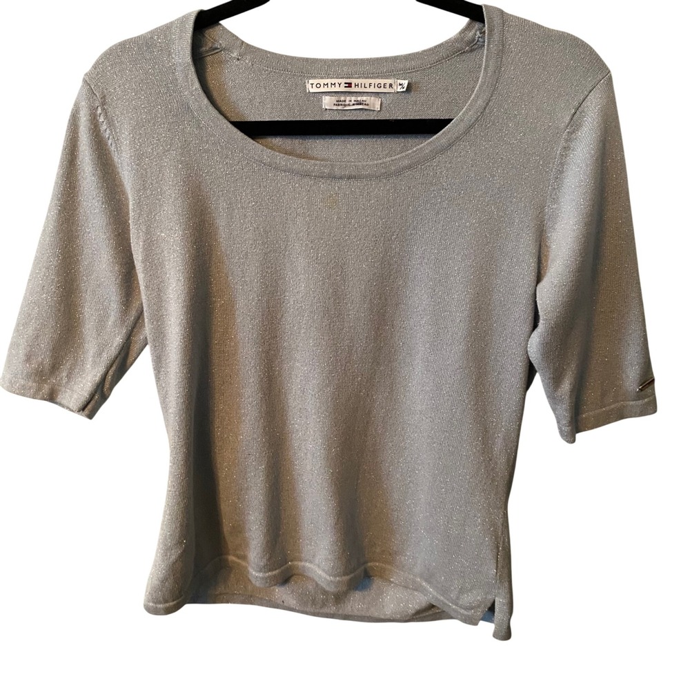Tommy Hilfiger Women's Silver Metallic Knit Short Sleeve Top Size M